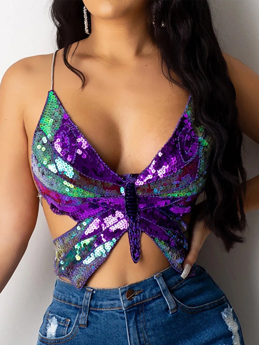 Sexy Halter Sequin Butterfly Top Corset Y2K Crop Top Women Summer Top Club Womens Tops Backless Party Vintage Clothes Tank Top